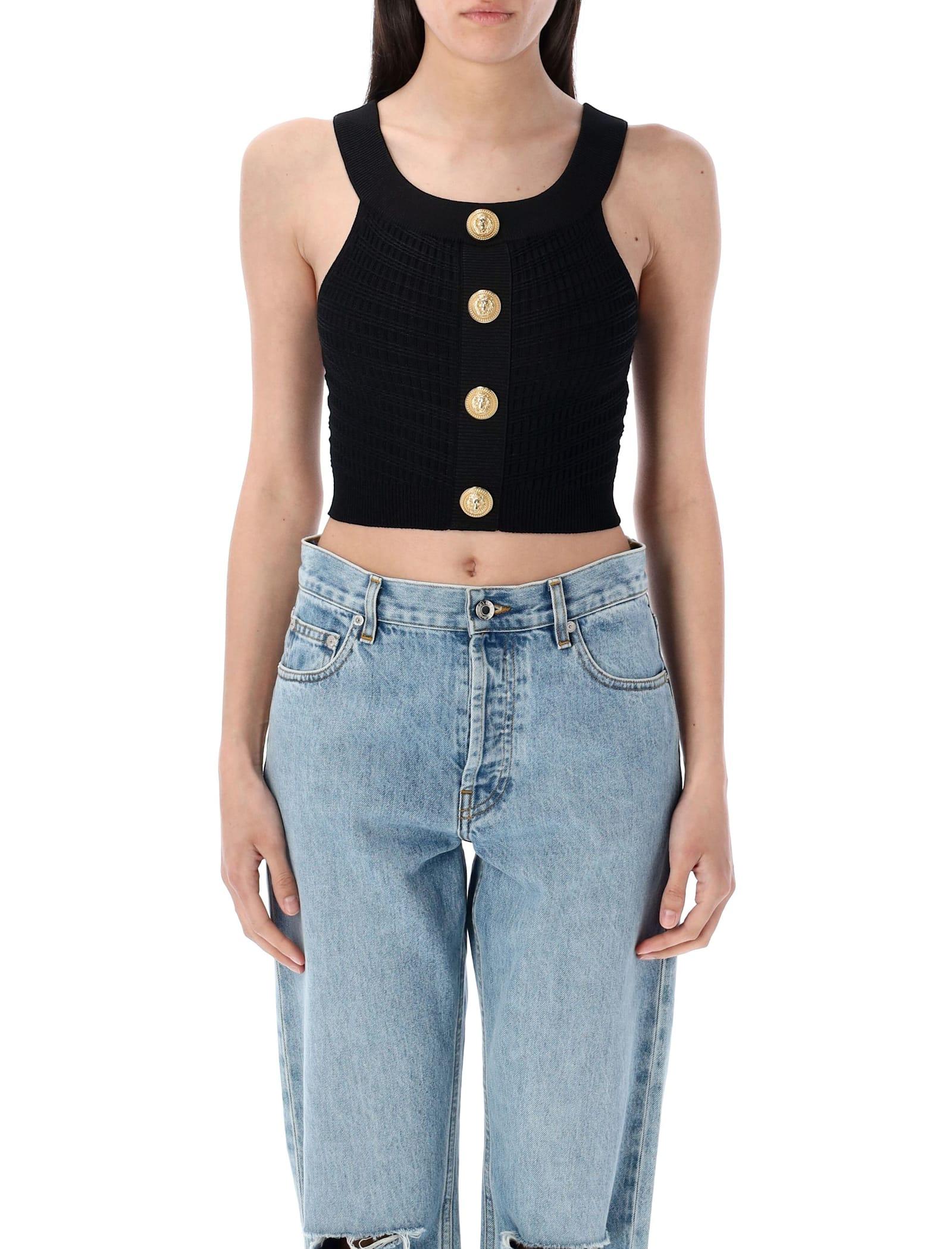 balmain knit top with gold buttons