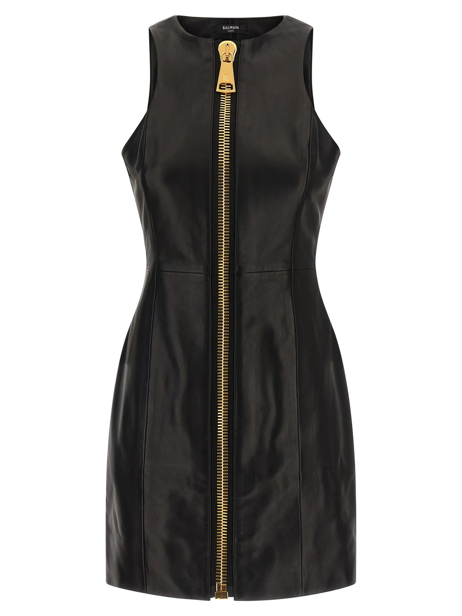 balmain maxi zip leather dress
