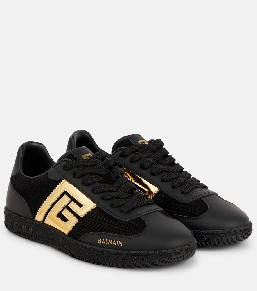 balmain pb suede and mirrored faux leather sneakers