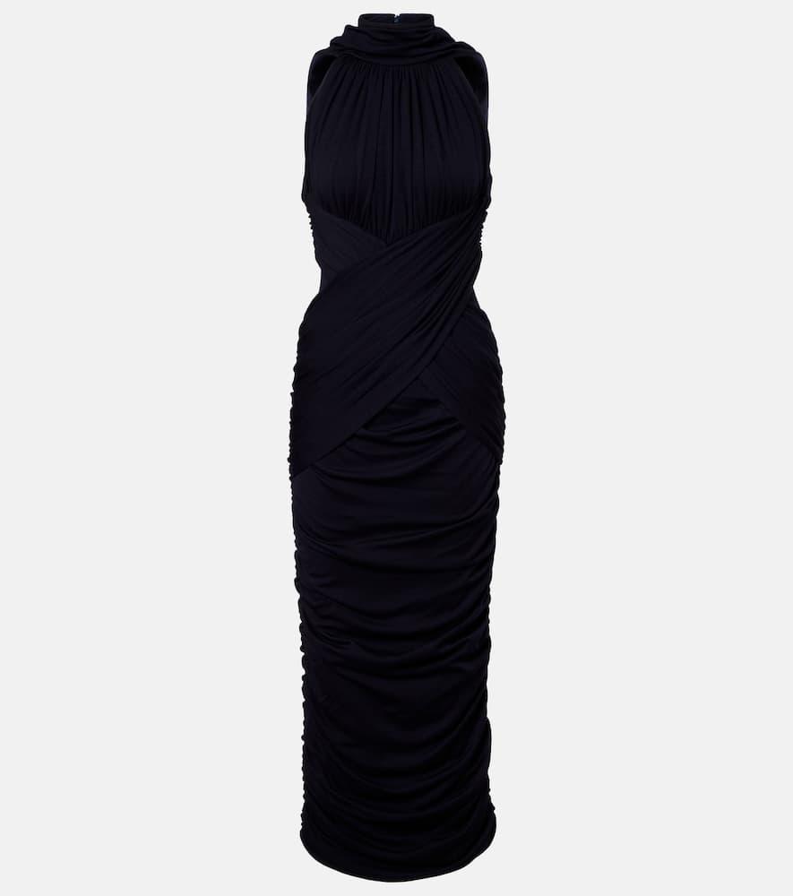 balmain ruched wool jersey midi dress