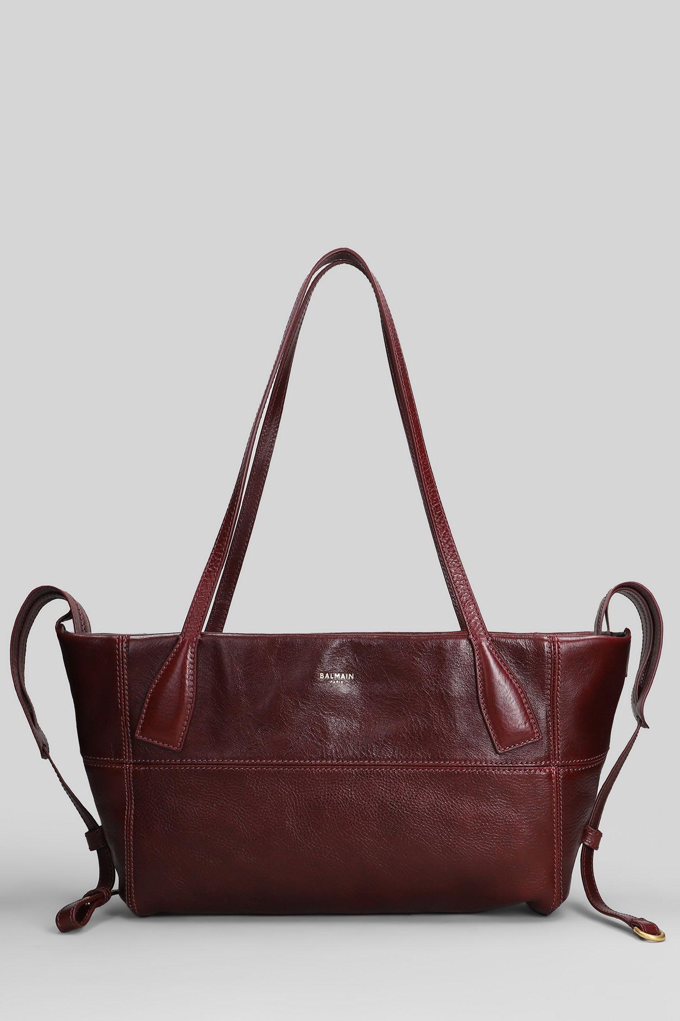 balmain track zip small tote in bordeaux leather