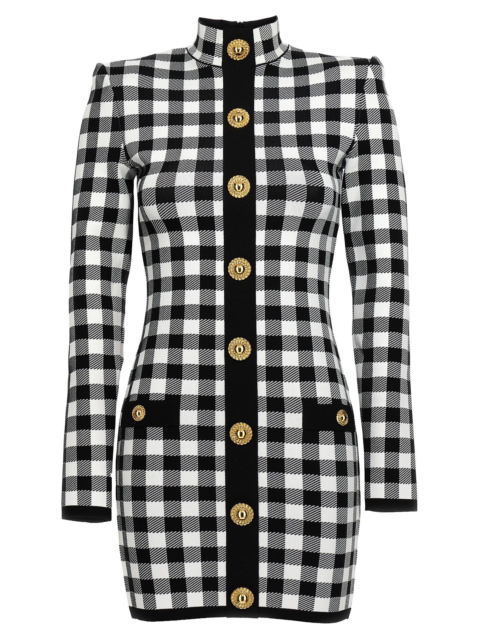 balmain vichy knit dress white/black viscose - women