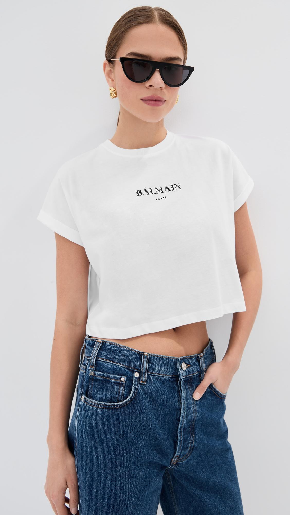 balmain vintage print crop t-shirt