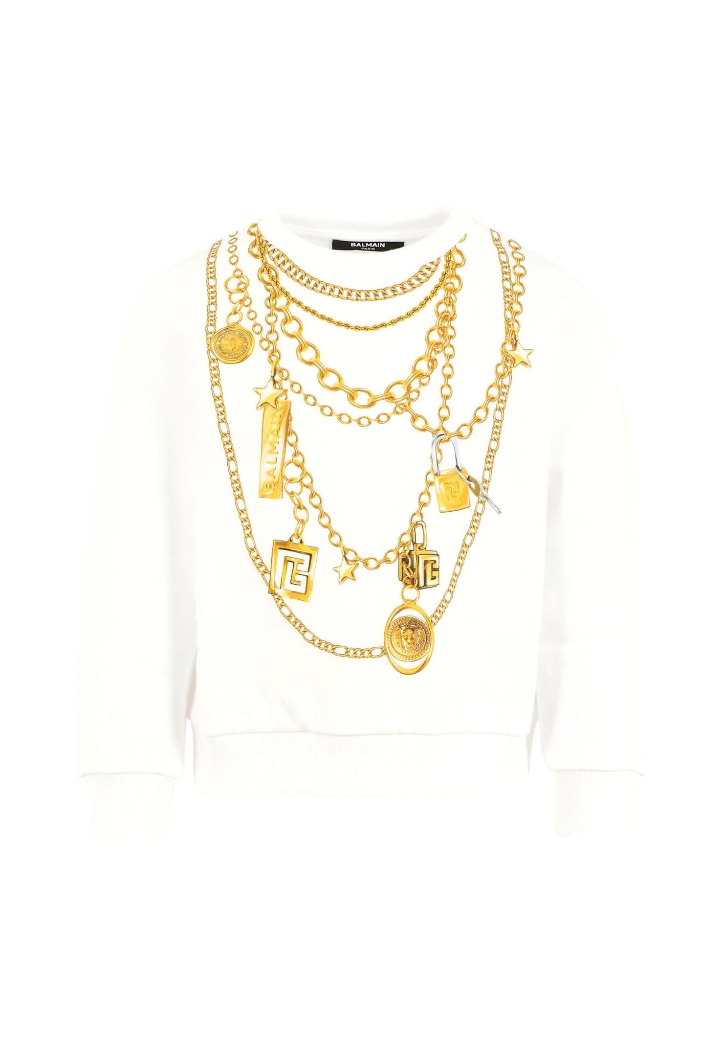 balmain white sweatshirt for girl with chain print