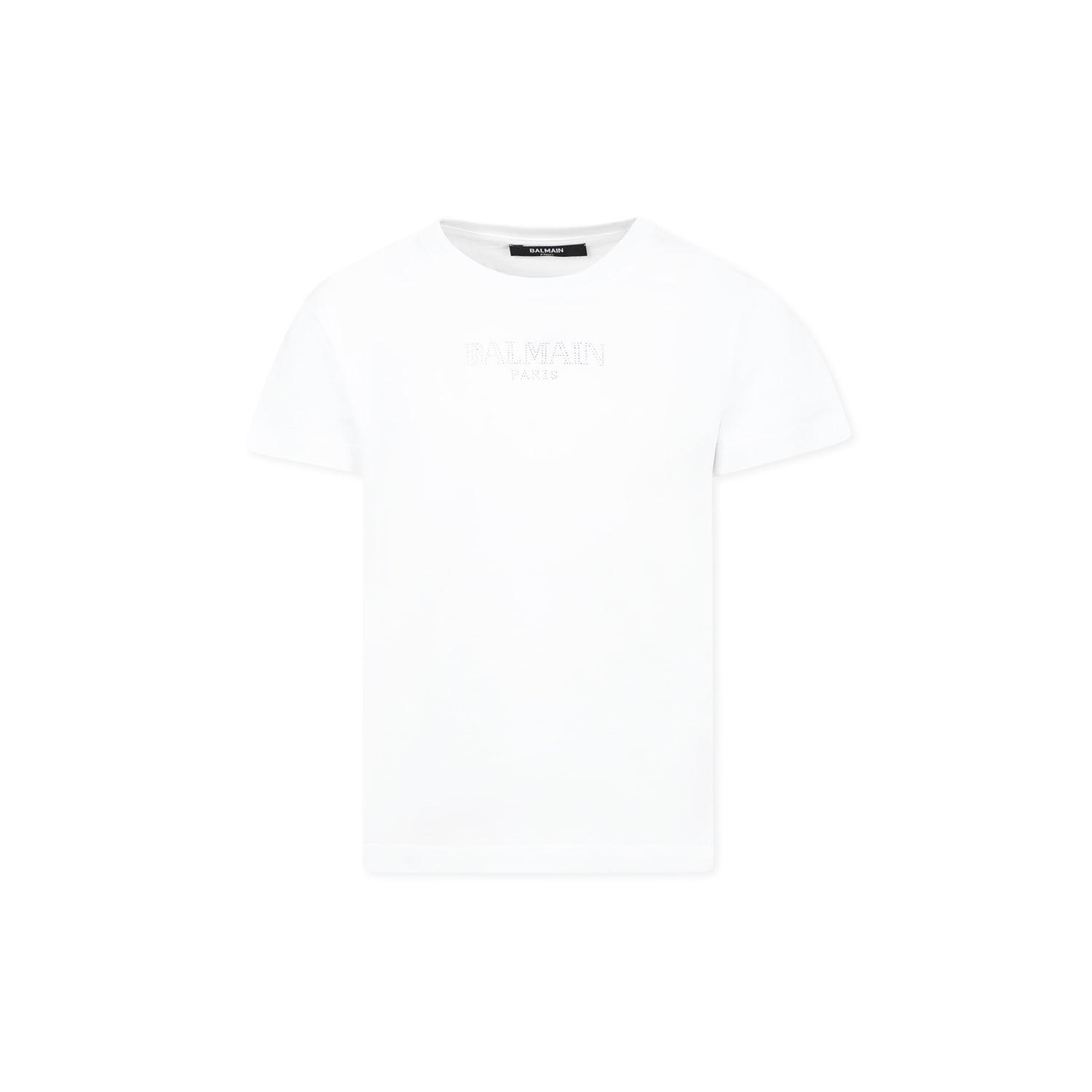 balmain white t-shirt for girl with a silver rhinestone logo