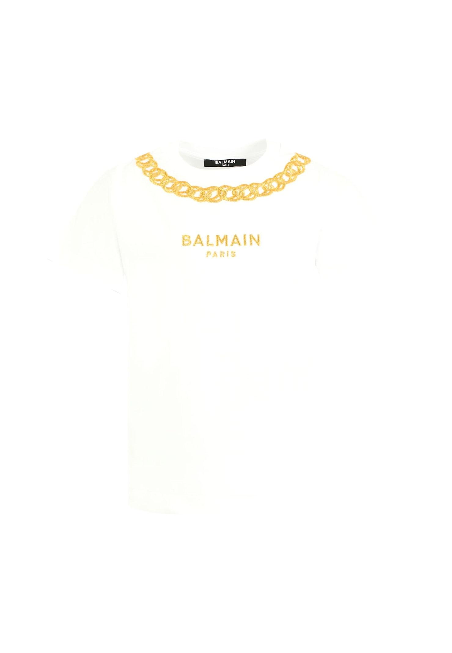 balmain white t-shirt for girl with embroidered gold chain and logo