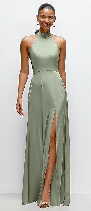 band collar halter open back fluid satin maxi dress with self-tie bow