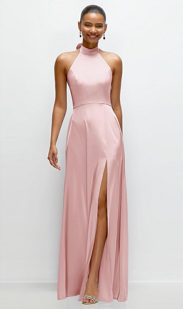 band collar halter open back fluid satin maxi dress with self-tie bow