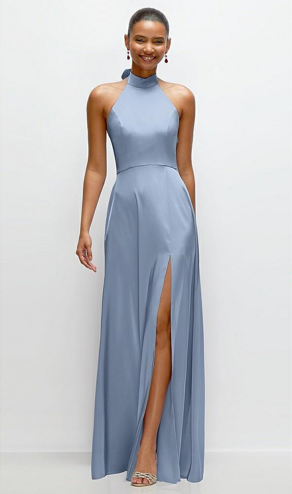 band collar halter open back fluid satin maxi dress with self-tie bow