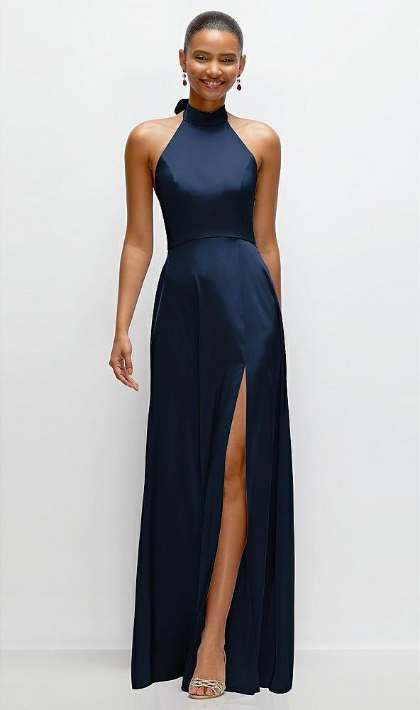 band collar halter open back fluid satin maxi dress with self-tie bow