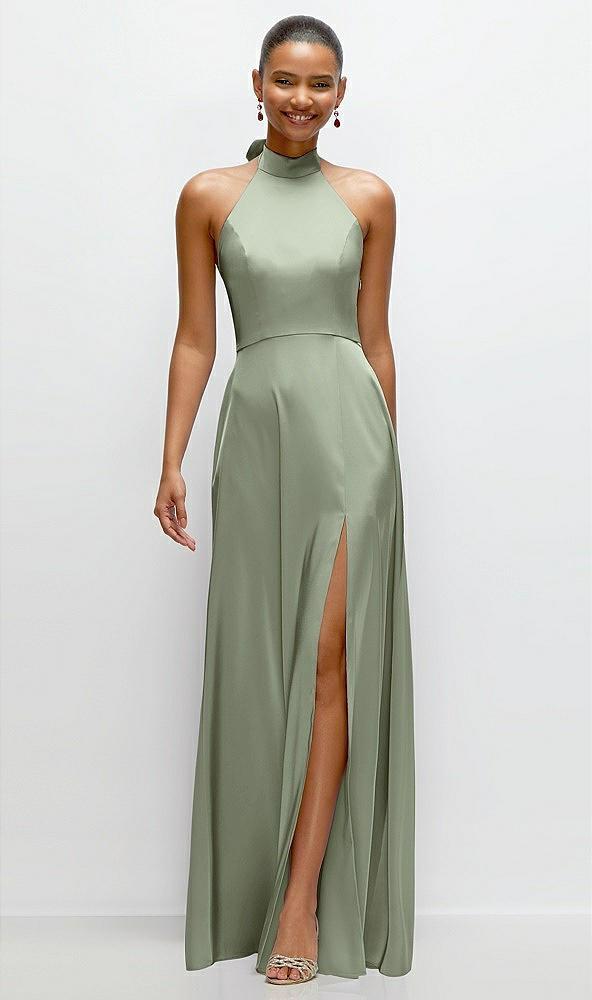 band collar halter open back fluid satin maxi dress with self-tie bow