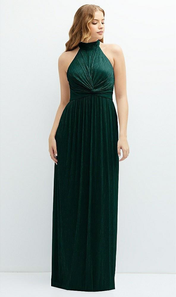 band collar halter open-back metallic pleated maxi dress