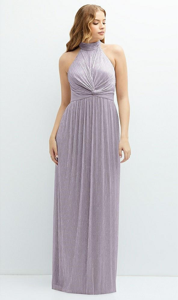 band collar halter open-back metallic pleated maxi dress