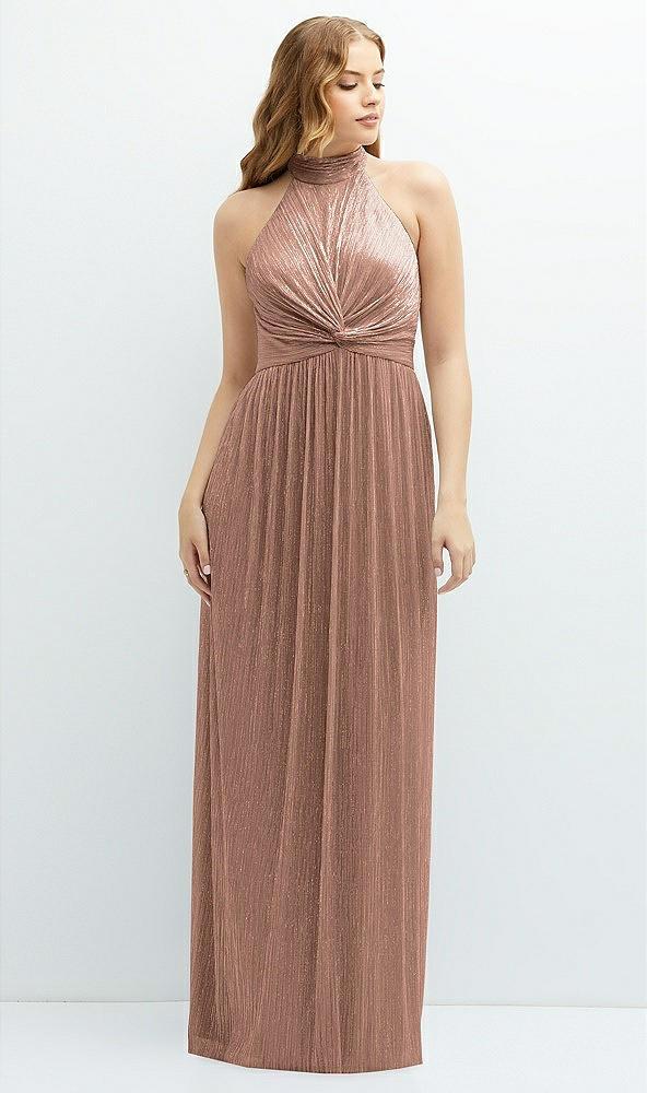 band collar halter open-back metallic pleated maxi dress