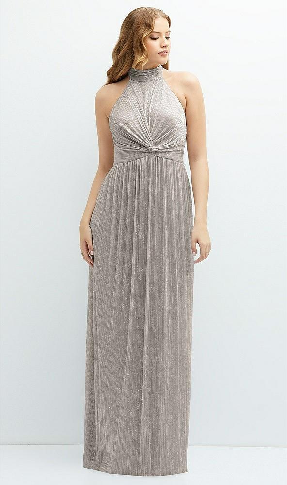 band collar halter open-back metallic pleated maxi dress