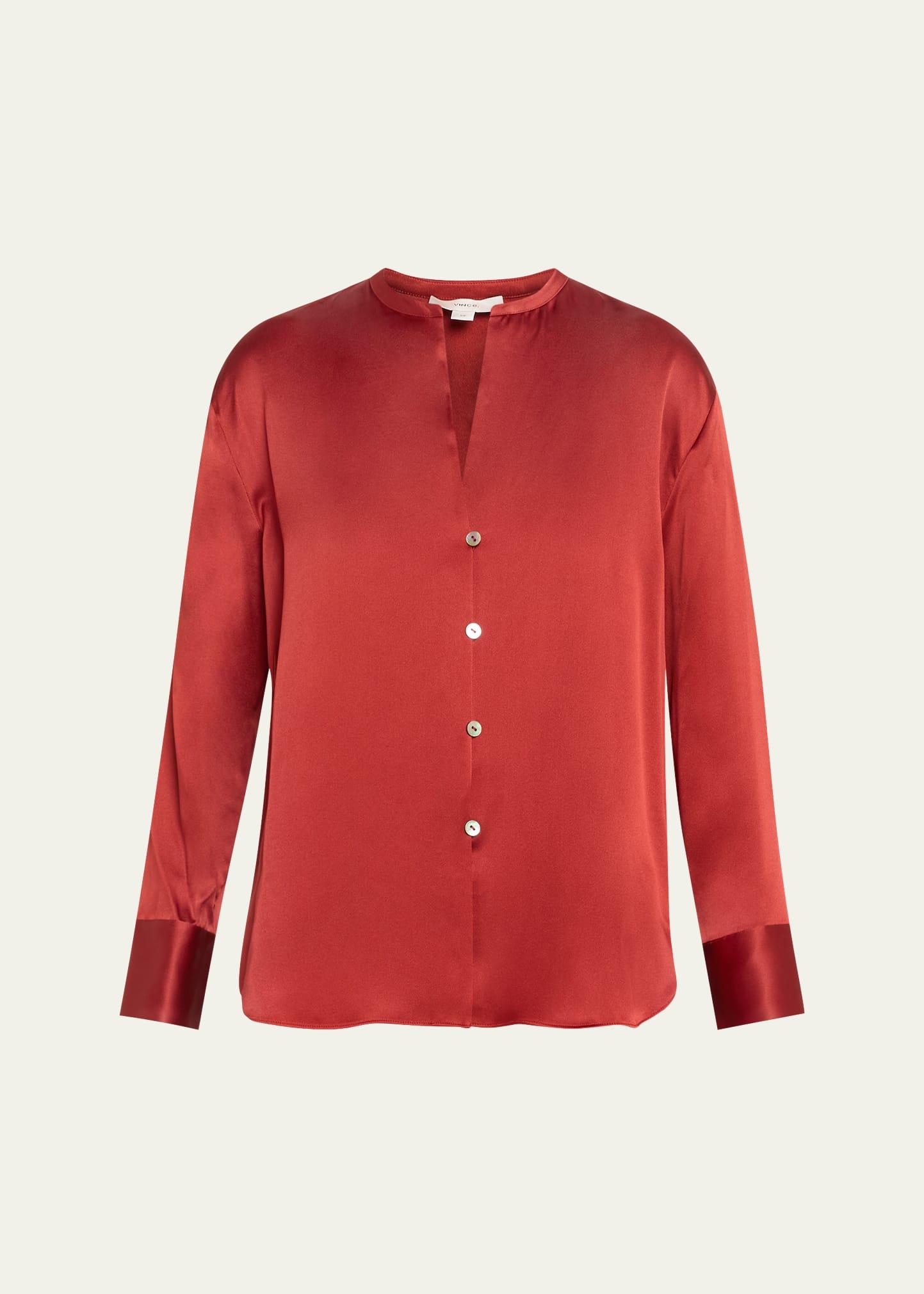 band-collar long-sleeve silk blouse