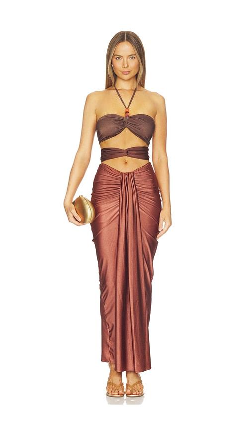 baobab dawn maxi dress in metallic copper.