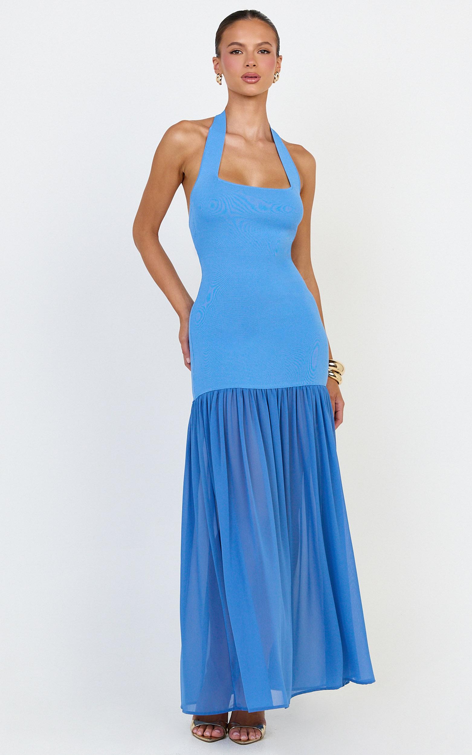 barbara maxi dress - halter scoop neck contrast georgette dress in cornflower blue