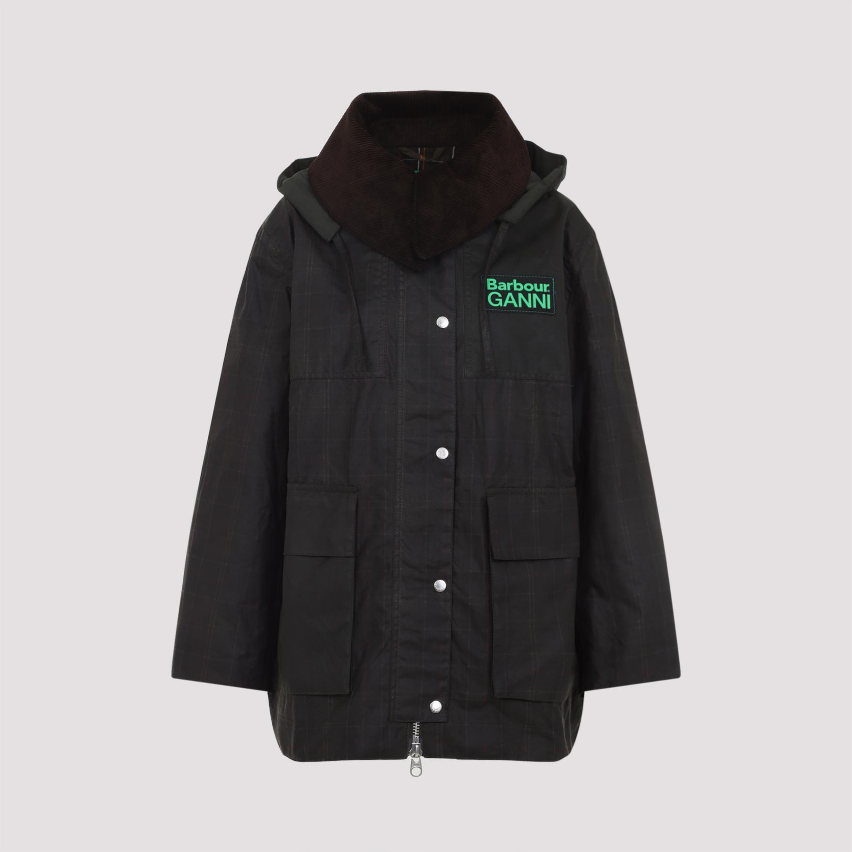 barbour x ganni hood ttn duffle wax jacket green waxed cotton polyester - women
