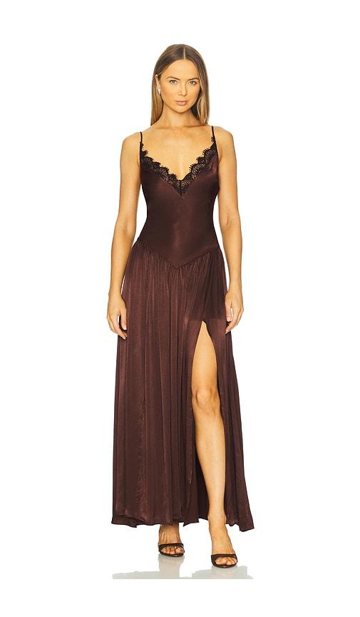 bardot aderia lace detail maxi dress in chocolate.