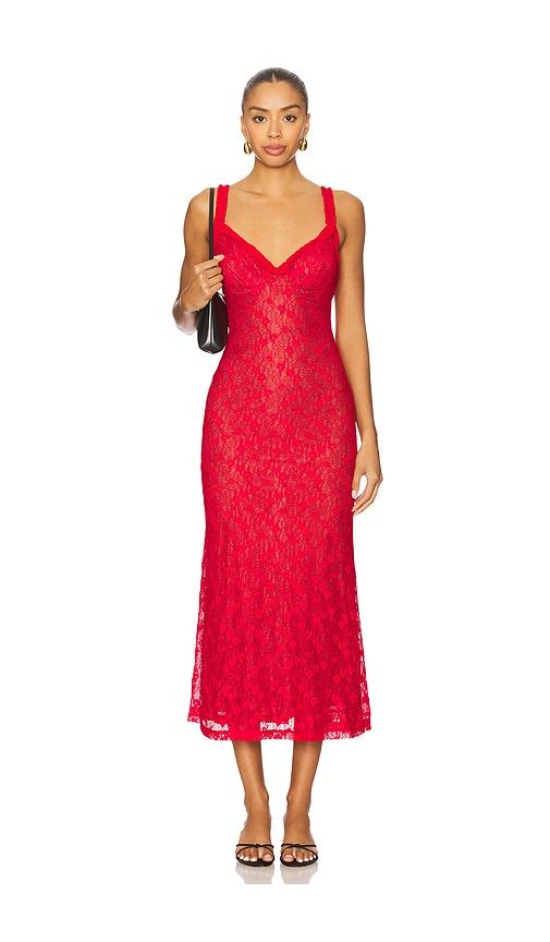 bardot alegra stretch lace midi dress in red.