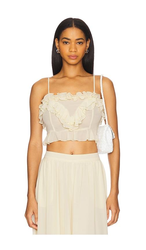 bardot alira frill detail crop top in cream.