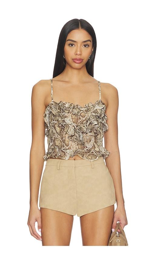 bardot alira printed frill crop top in brown.