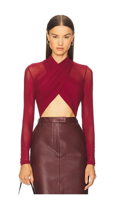 bardot aliyah wrap bodysuit in burgundy.