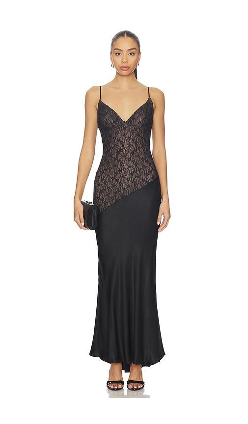 bardot aralia lace satin maxi dress in black.