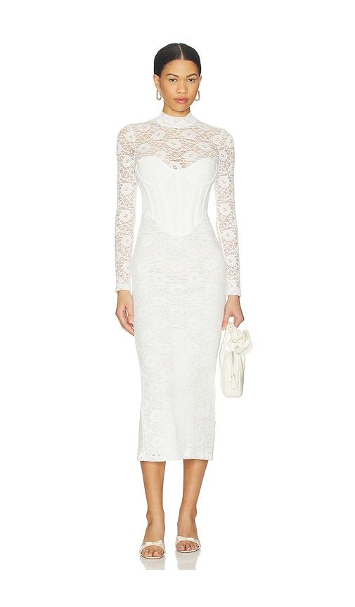 bardot carmen lace corset midi dress in white.