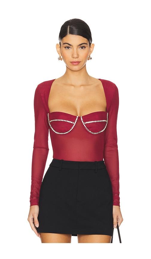 bardot carter diamante bodysuit in burgundy.