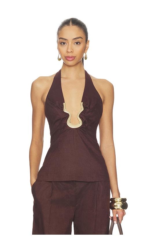 bardot cavarly linen halter top in chocolate.