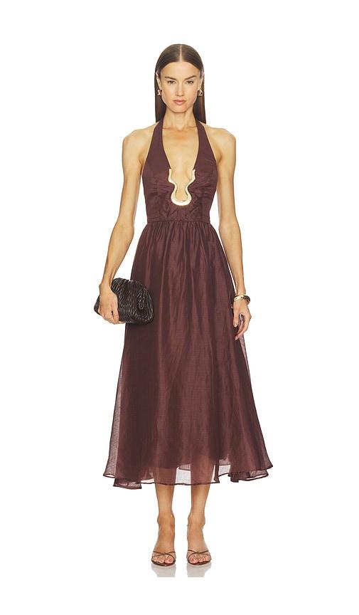 bardot cavarly ramie halter dress in chocolate.