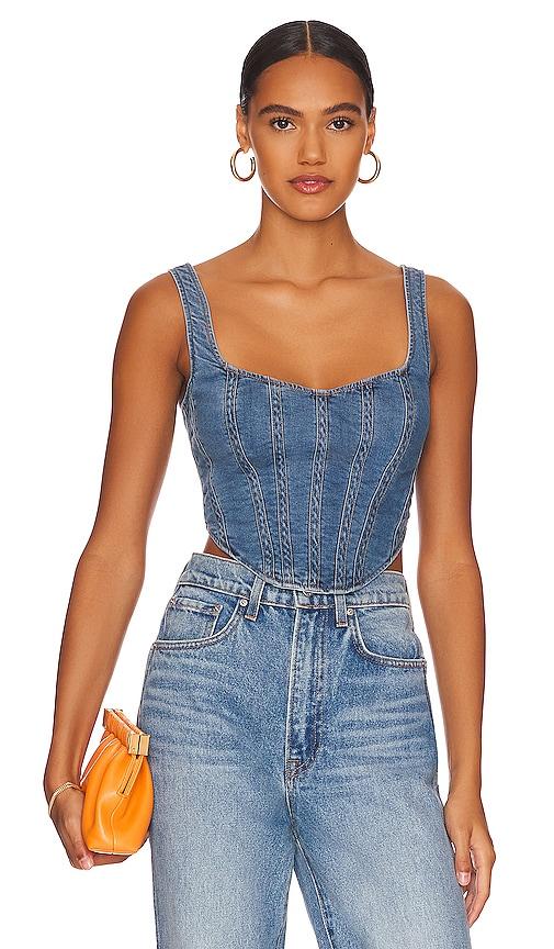 bardot denim corset bustier in denim-medium.