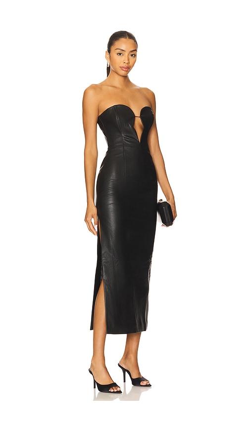 bardot eleni faux leather midi dress in black.
