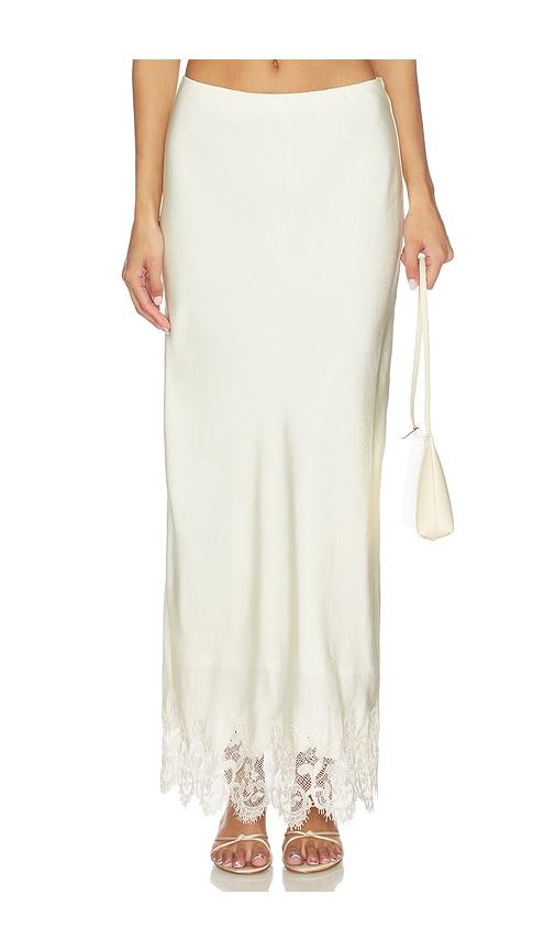 bardot elisan lace satin midi skirt in white.