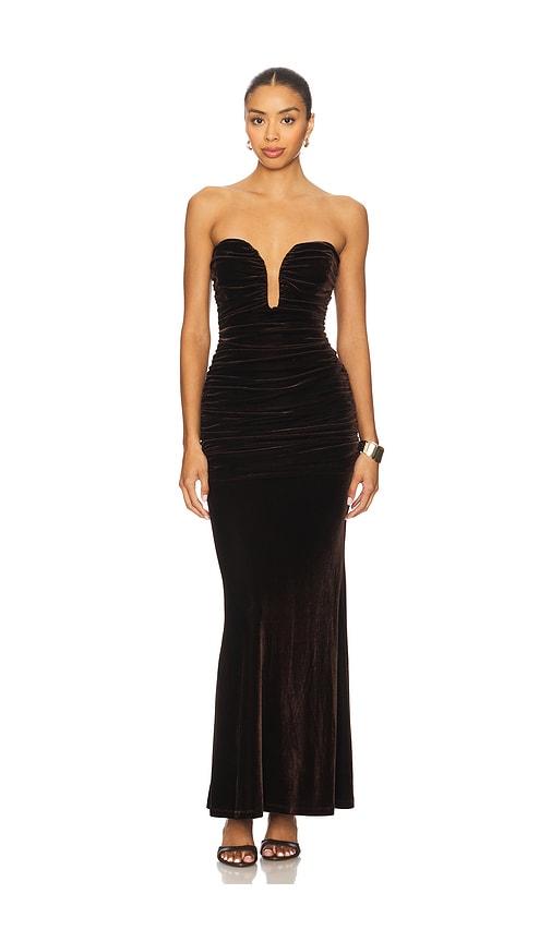 bardot elvira velvet maxi dress in chocolate.