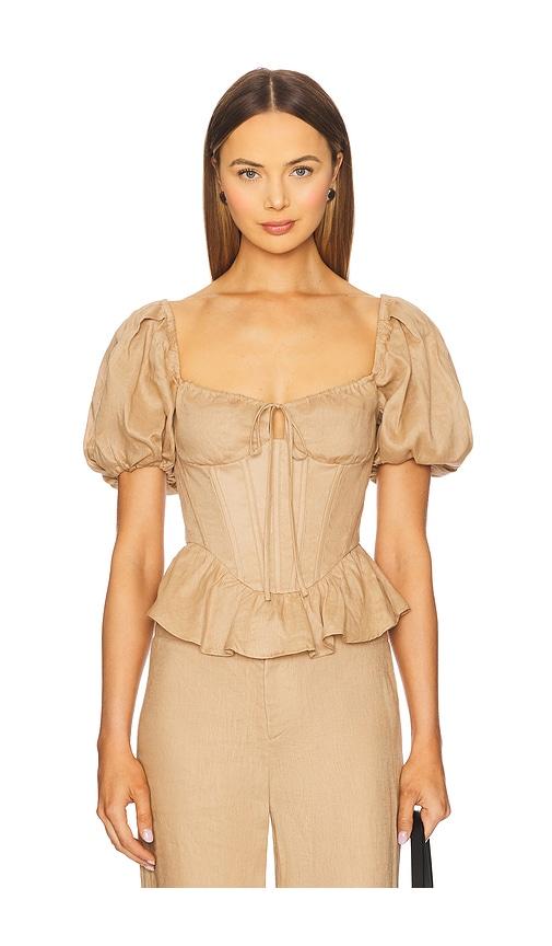 bardot esra puff sleeve corset top in brown.