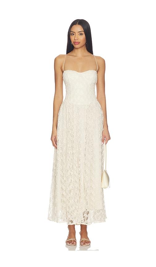 bardot estie broderie maxi dress in beige.