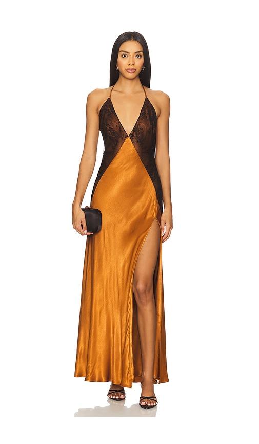 bardot estrella halter maxi dress in burnt orange,black.