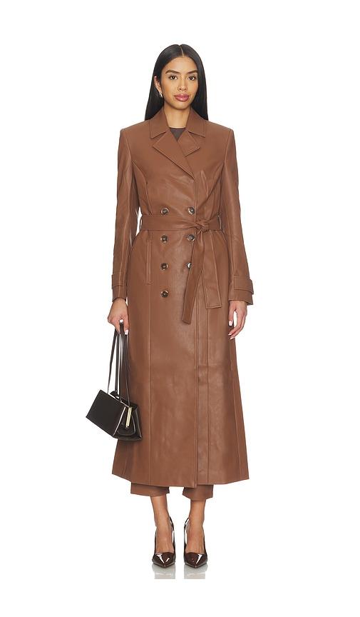 bardot faux leather longline coat in brown.