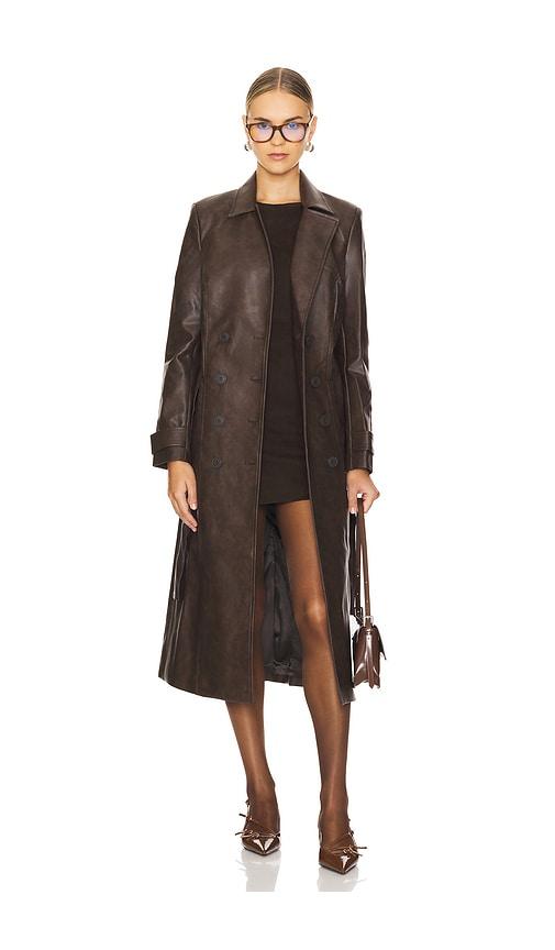 bardot faux leather trench coat in chocolate.