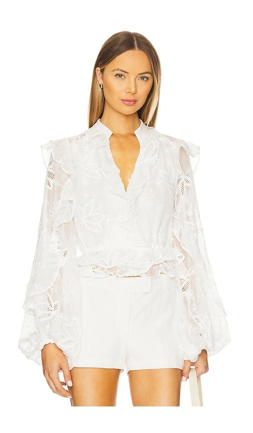 bardot frill embroidered blouse in white.