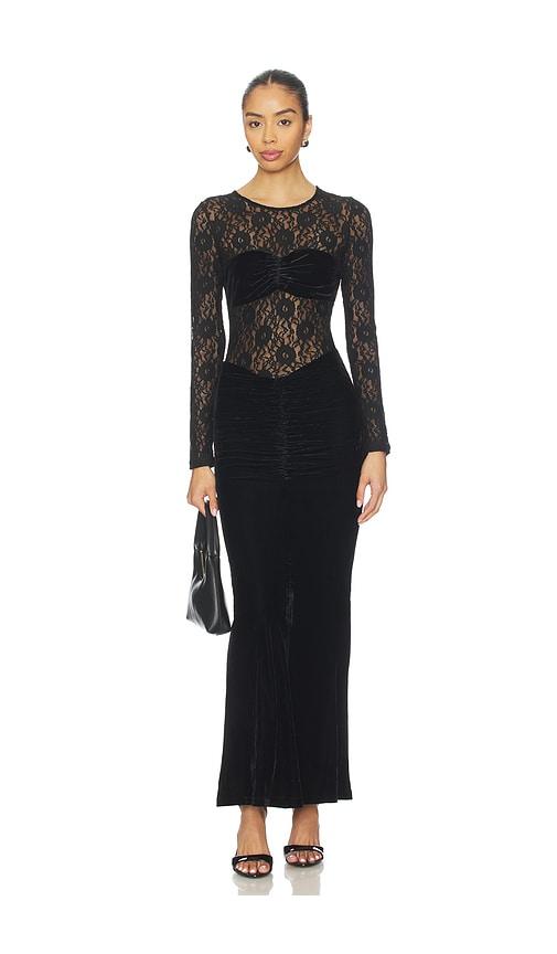 bardot helenie velour lace maxi dress in black.