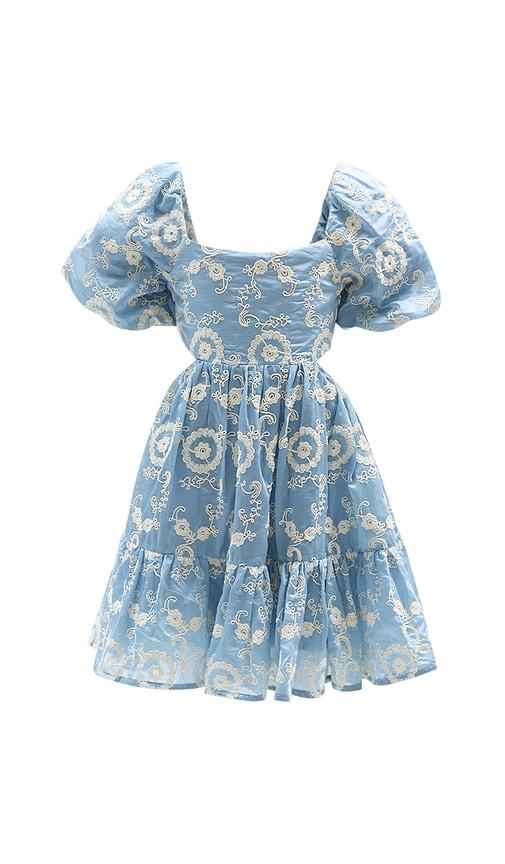 bardot junior ellory brioderie mini dress in baby blue.