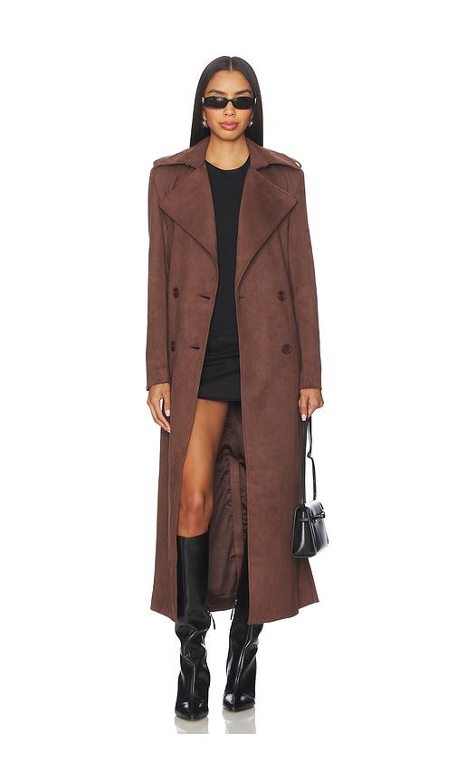 bardot kira faux suede trench coat in brown.