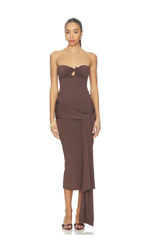 bardot laverne strapless midi dress in chocolate.