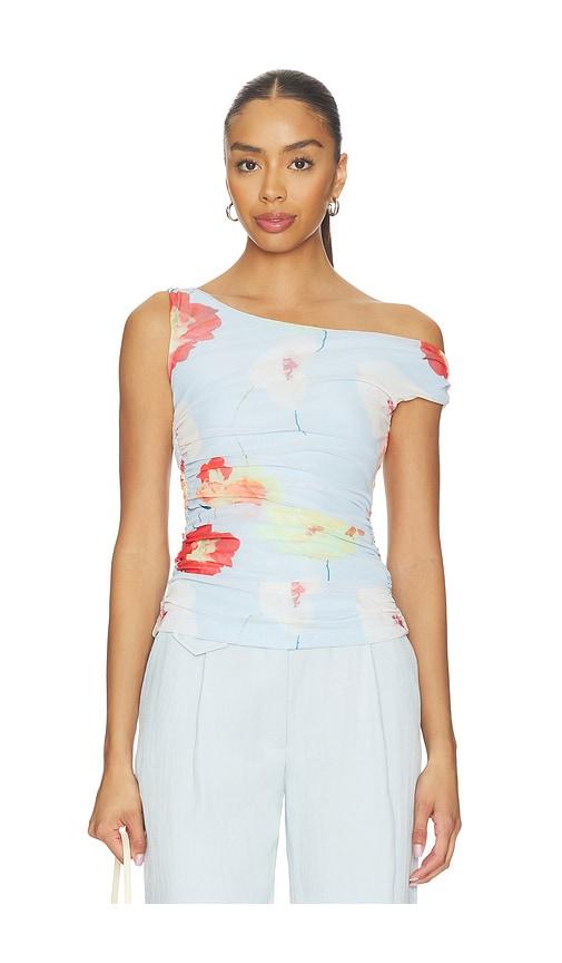 bardot layana printed mesh top in baby blue.