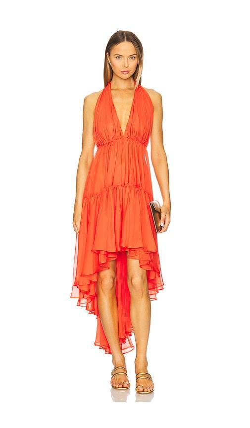 bardot leona high low ruffle dress in orange.
