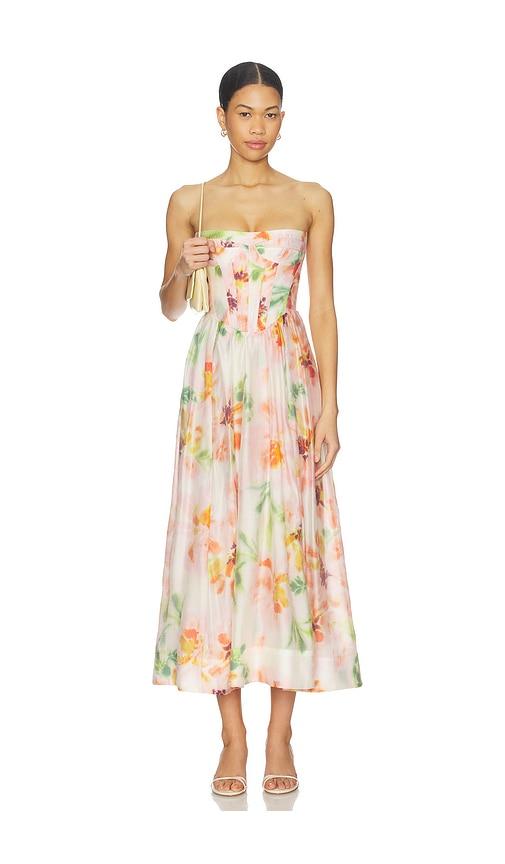 bardot lola corset midi dress in pink.